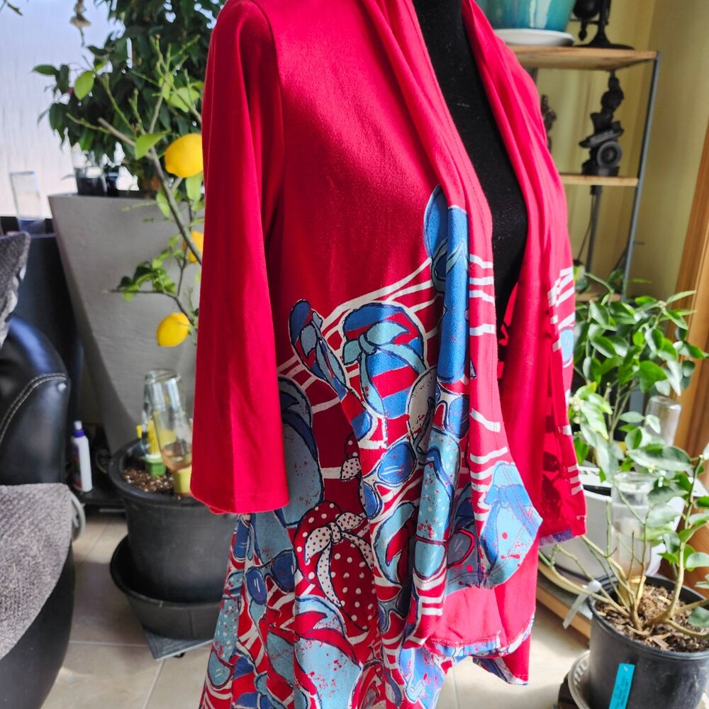 A Walk in the Park Small Whimsical Red & Blue Flip Flop Open Cardigan
